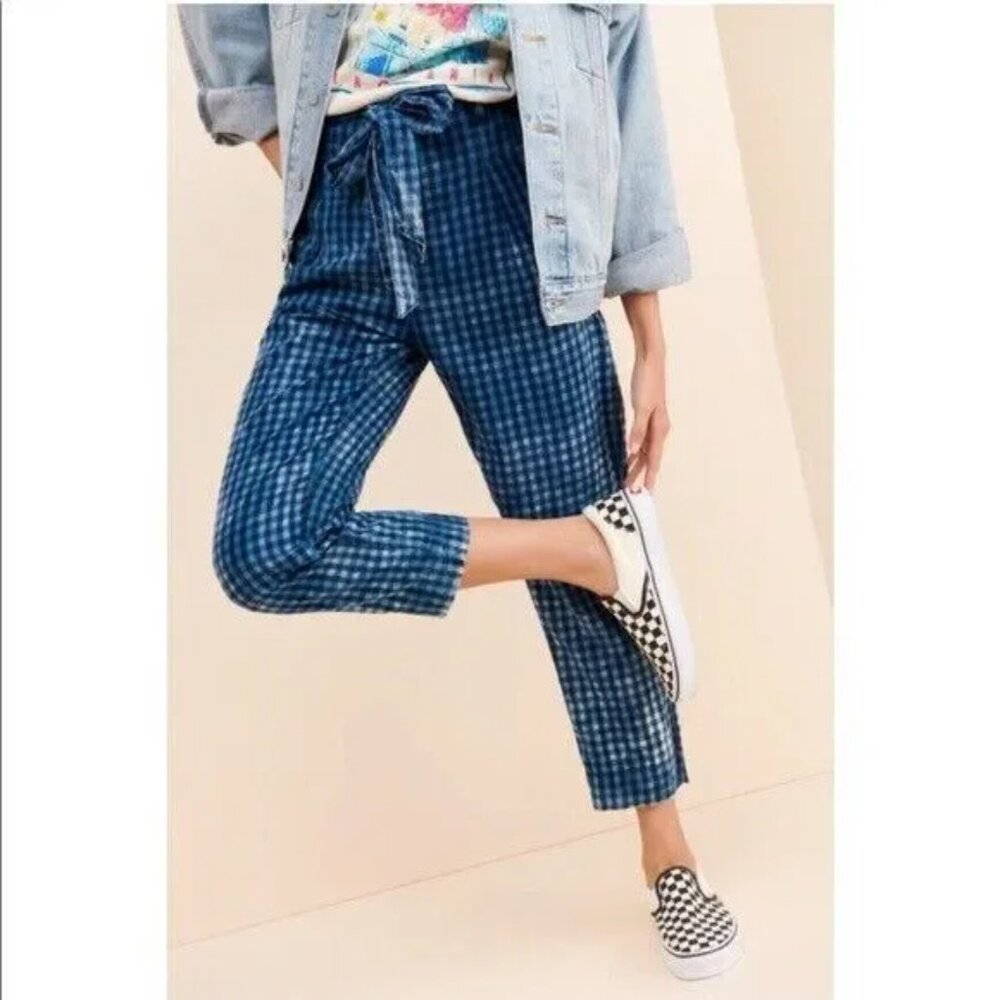 Maeve Anthropologie Avryl Blue Bleach Plaid Side Zip Pants Size 4
